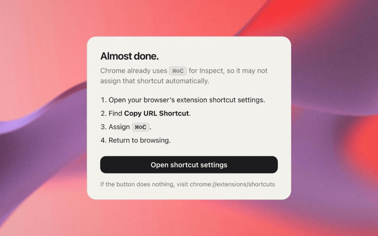 Chrome already uses ⌘⇧C for Inspect, so install opens a setup page. The data practice is on that page, not buried in a privacy tab.