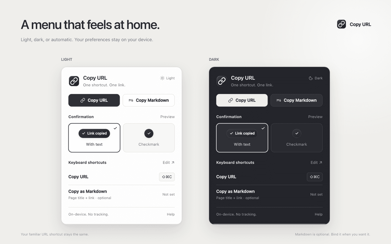The 1.1.0 menu in light and dark appearances, with optional Markdown copying and a choice of confirmation styles.