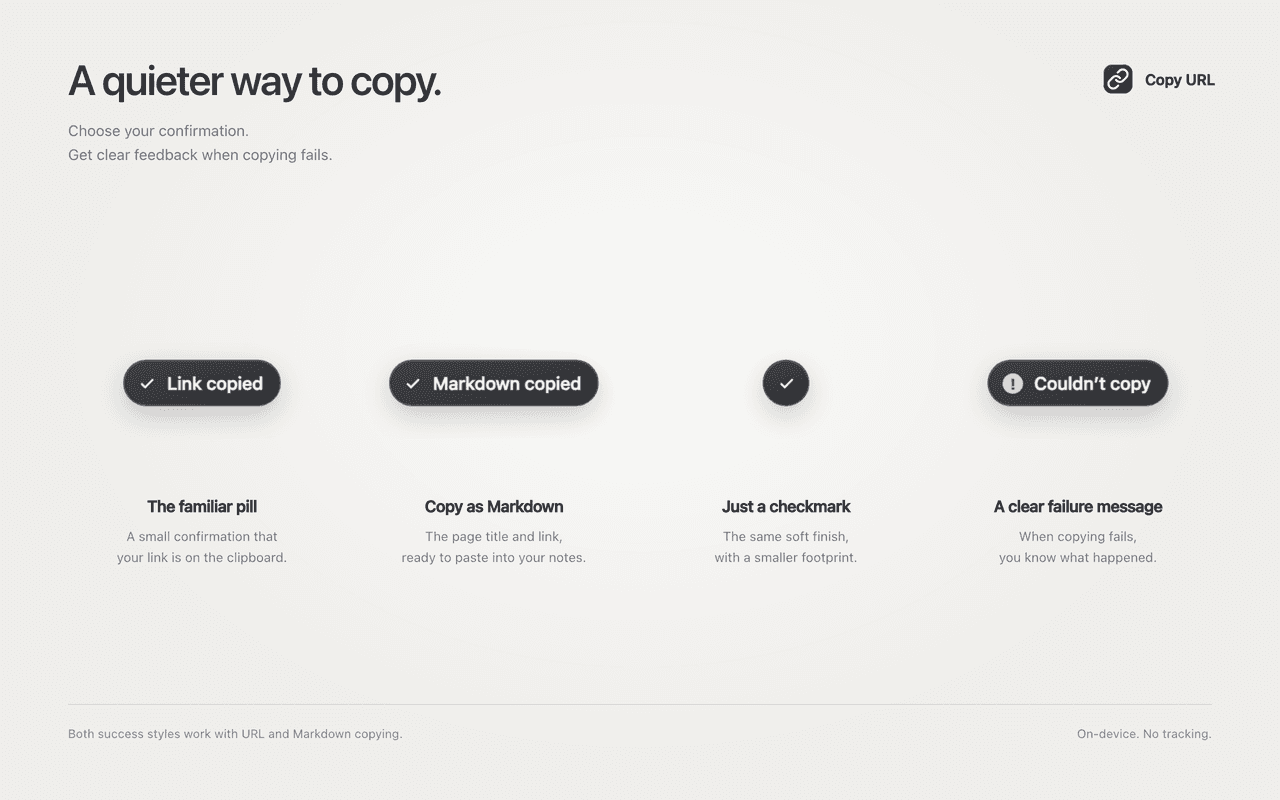 Link copied, Markdown copied, a compact checkmark, and clear Couldn’t copy feedback.