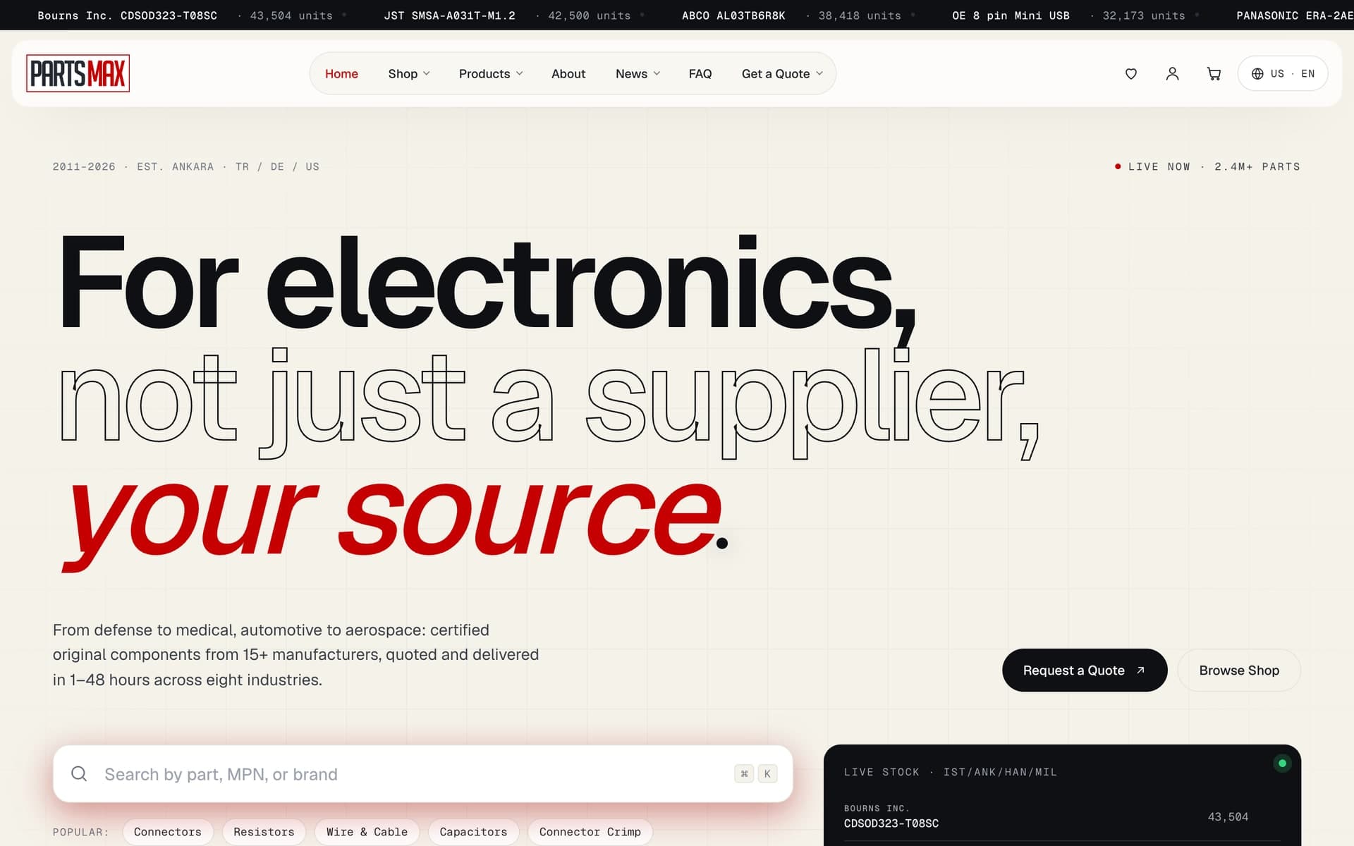 The live English storefront, with component search at the centre