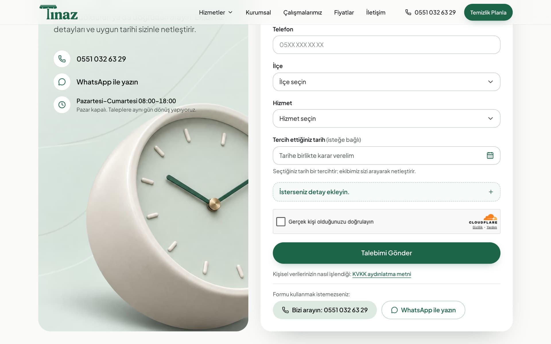 The request form, with phone and WhatsApp alternatives